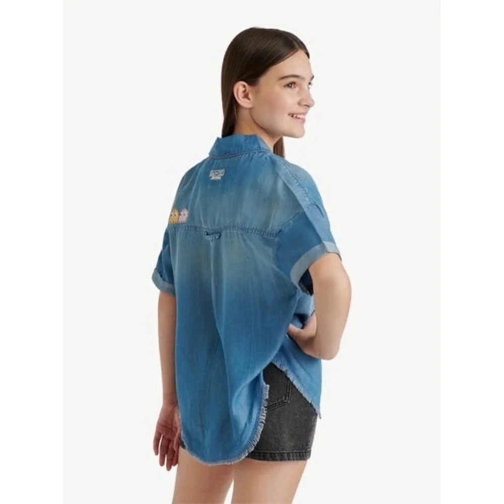 Justice Girls Pac-Man Denim Shirt Blue Short Sleeve Lyocell High Low Hem XS 5/6